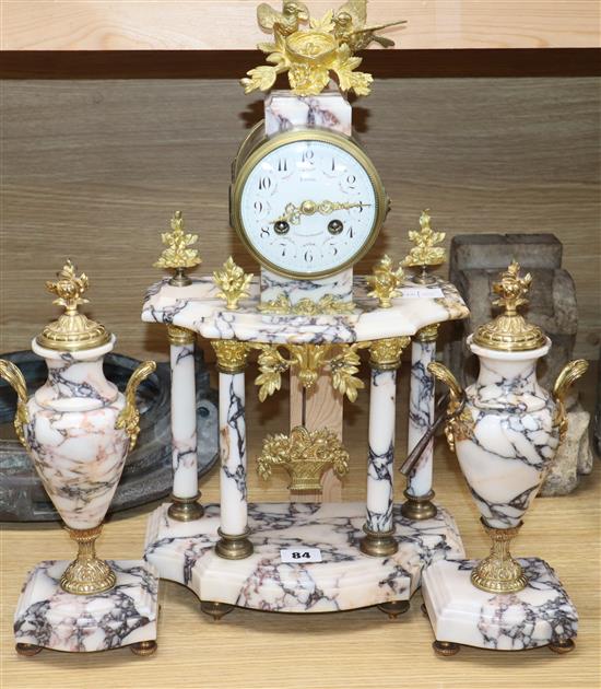 A Louis XVI design ormolu and marble clock garniture clock height 48cm